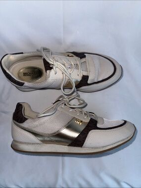 Michael Kors Cream, Gold & Brown Low-Top Sneakers, Size 9